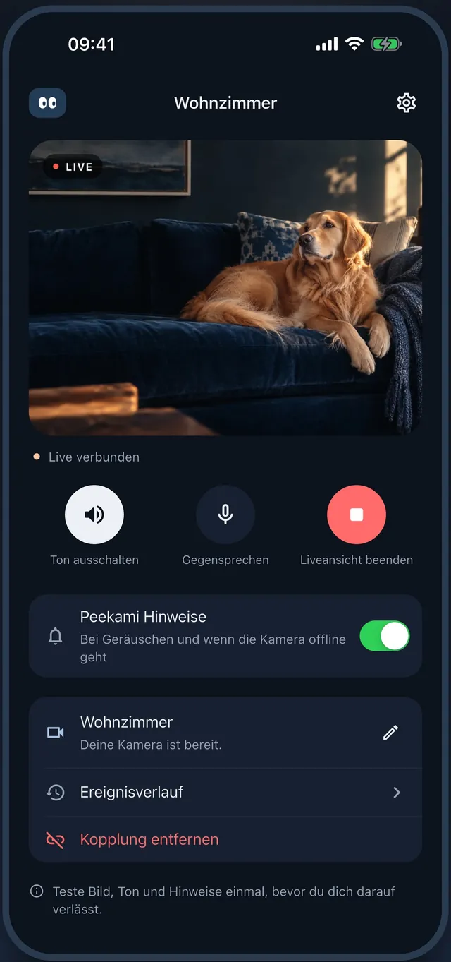 Peekami-App auf dem iPhone: Live-Bild aus dem Wohnzimmer mit Ton, Gegensprechen und Hinweisen.