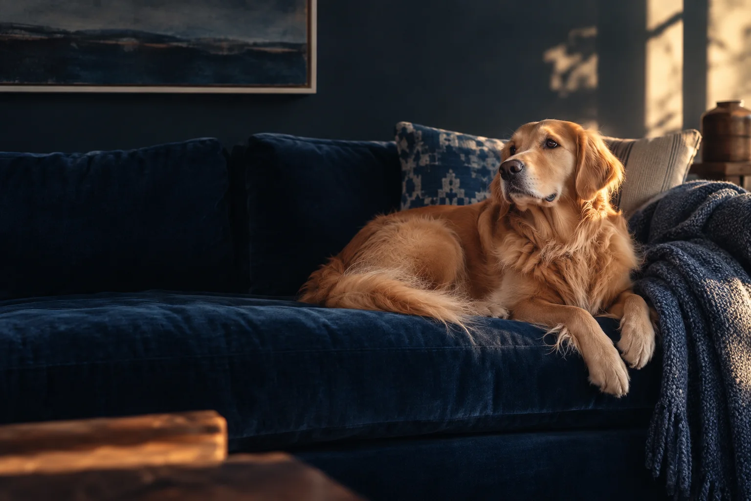 Illustration of a dog relaxing on a sofa.