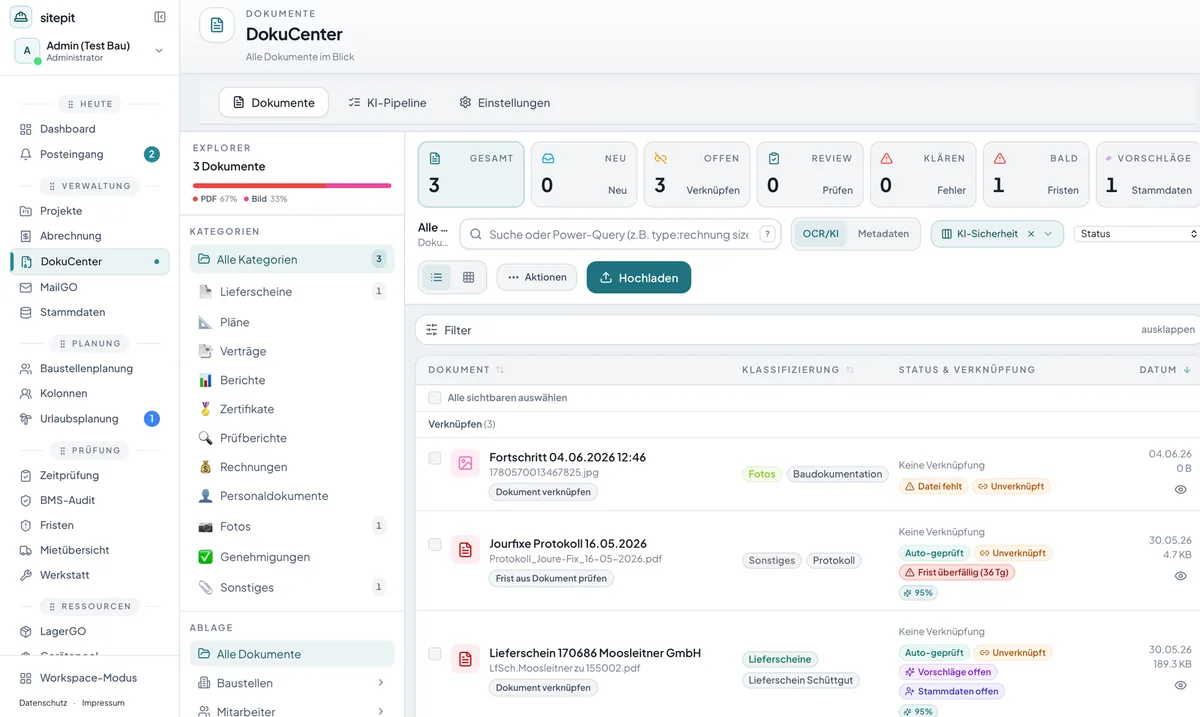 Sitepit im Browser: das DokuCenter mit Lieferscheinen, Fotos und Protokollen, die einem Projekt zugeordnet werden.